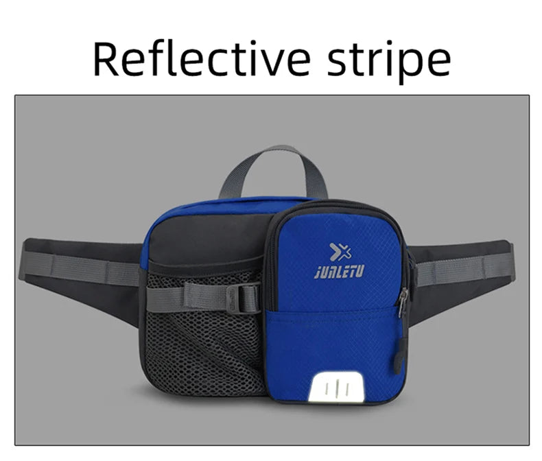 Nylon water bottle waist bag with multi-compartment and reflective strip - product image