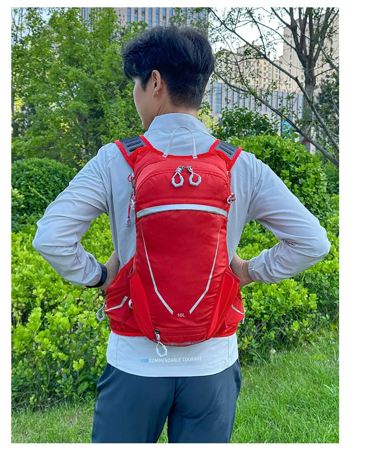 Outdoor cycling hydration backpack with reflective strips and multiple pockets - product image