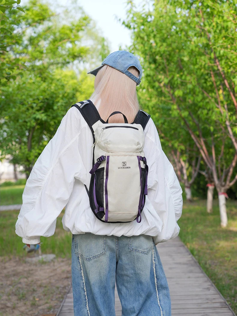 Outdoor cycling hydration backpack with survival whistle and reflective strips - product image