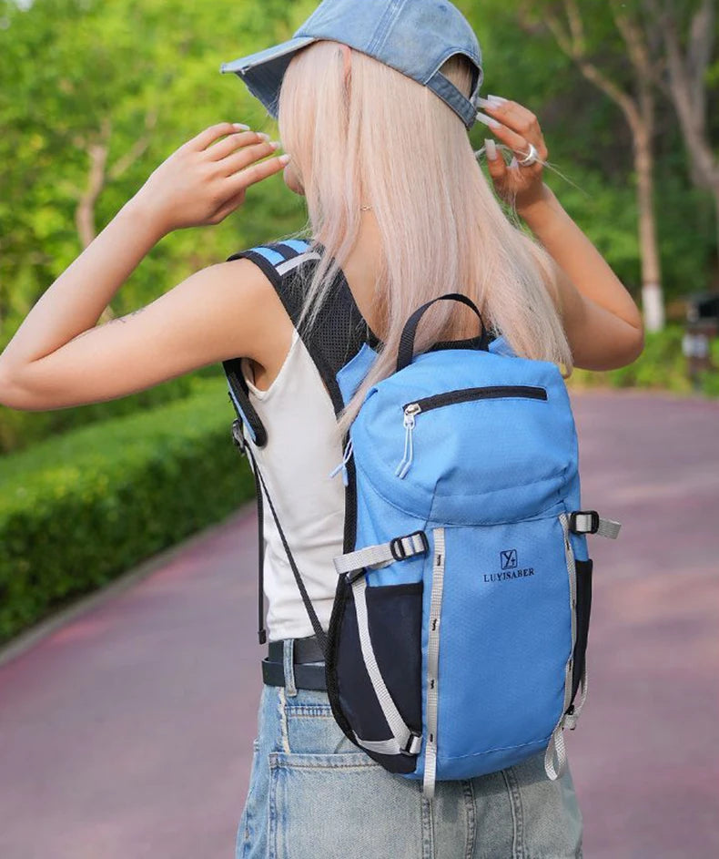 Outdoor cycling hydration backpack with survival whistle and reflective strips - product image
