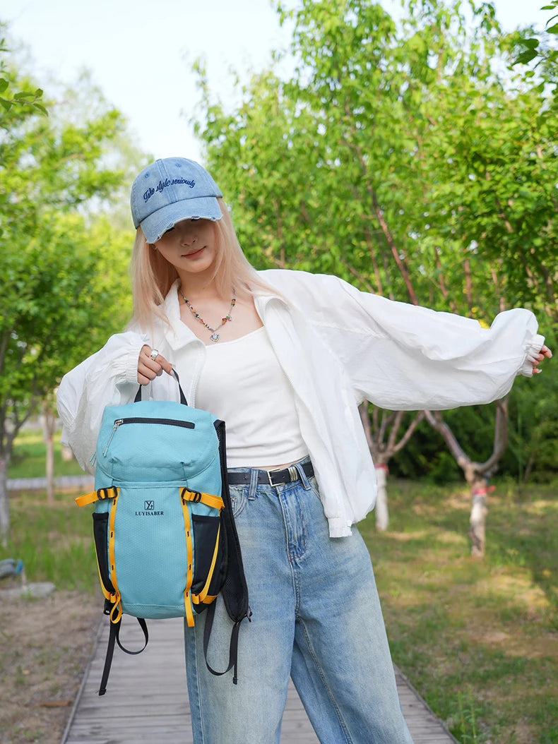 Outdoor cycling hydration backpack with survival whistle and reflective strips - product image