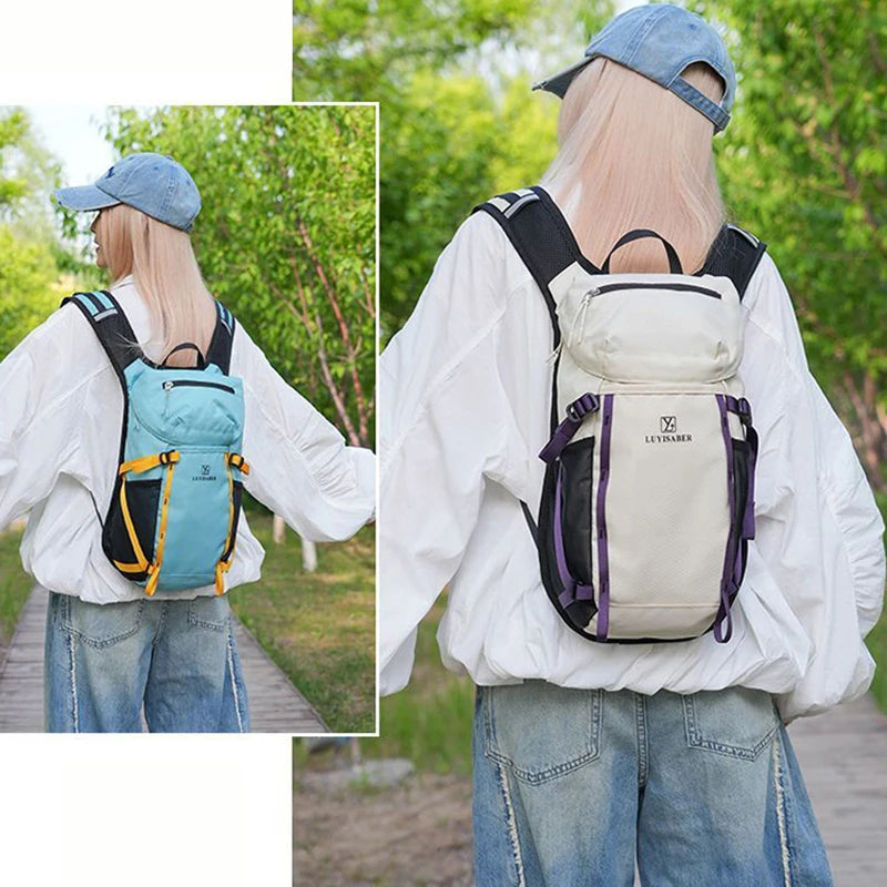 Outdoor cycling hydration backpack with survival whistle and reflective strips - product image