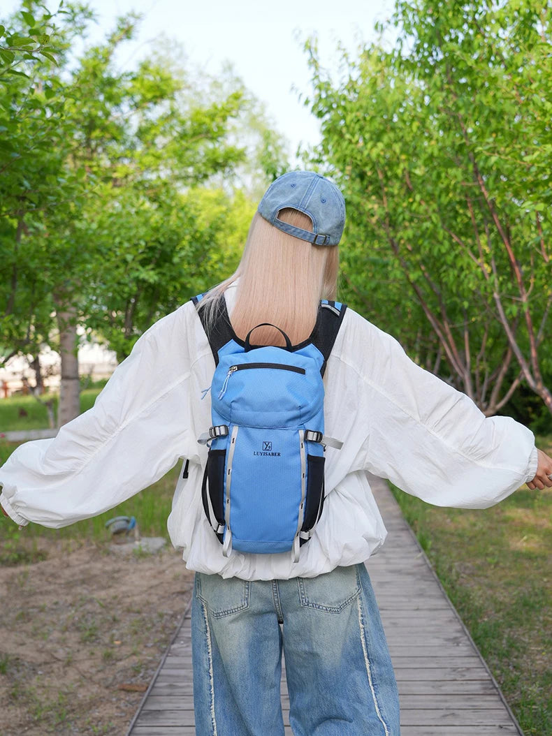 Outdoor cycling hydration backpack with survival whistle and reflective strips - product image