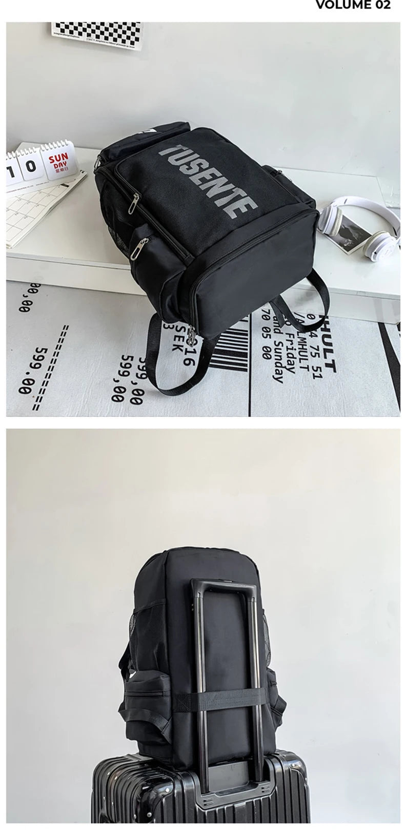 Oxford gym fitness backpack with shoe compartment and adjustable trolley straps - product image