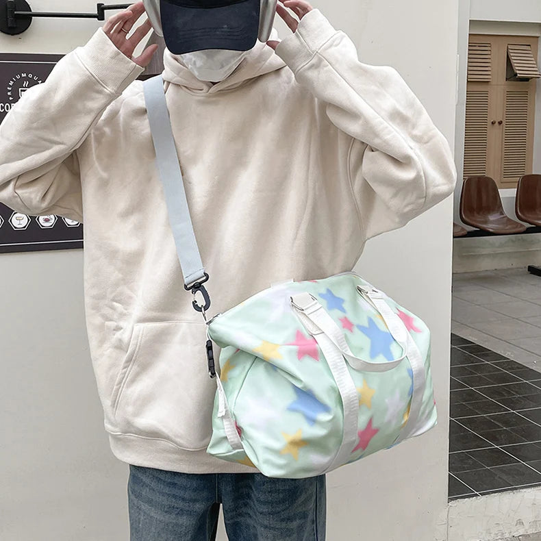 Oxford star print sports duffel bag with wet dry separation and multiple pockets - product image