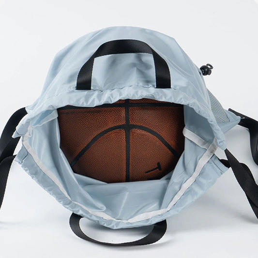 Polyester mesh drawstring backpack with wet dry separation and shoe compartment - product image