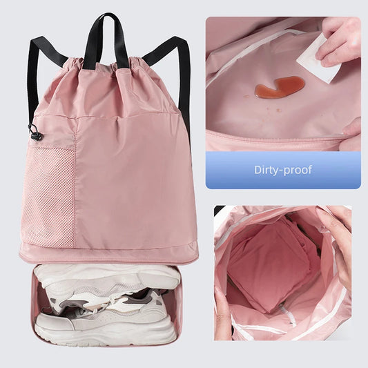Polyester mesh drawstring backpack with wet dry separation and shoe compartment - product image