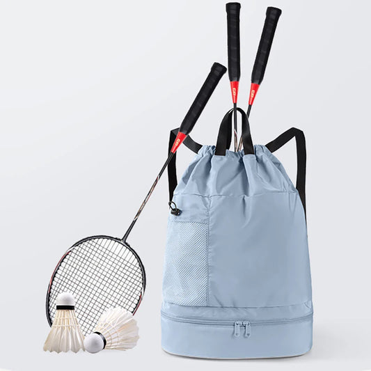 Polyester mesh drawstring backpack with wet dry separation and shoe compartment - product image