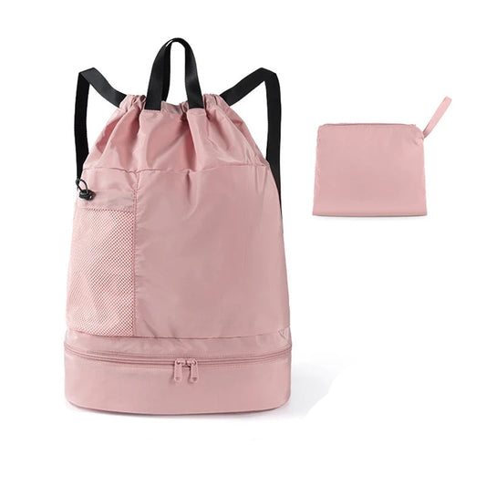 Polyester mesh drawstring backpack with wet dry separation and shoe compartment - product image