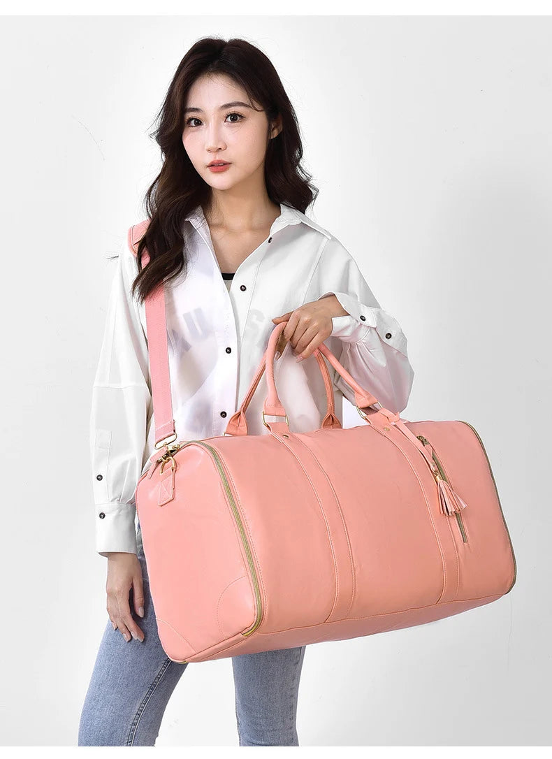 Pu foldable gym fitness shoulder bag waterproof multi-pocket large travel bag - product image