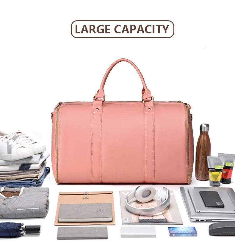 Pu foldable gym fitness shoulder bag waterproof multi-pocket large travel bag - product image