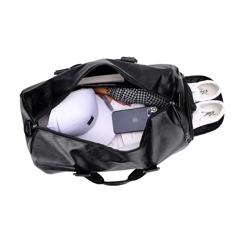 Pu leather gym bag with wet dry separation independent shoes pocket - product image