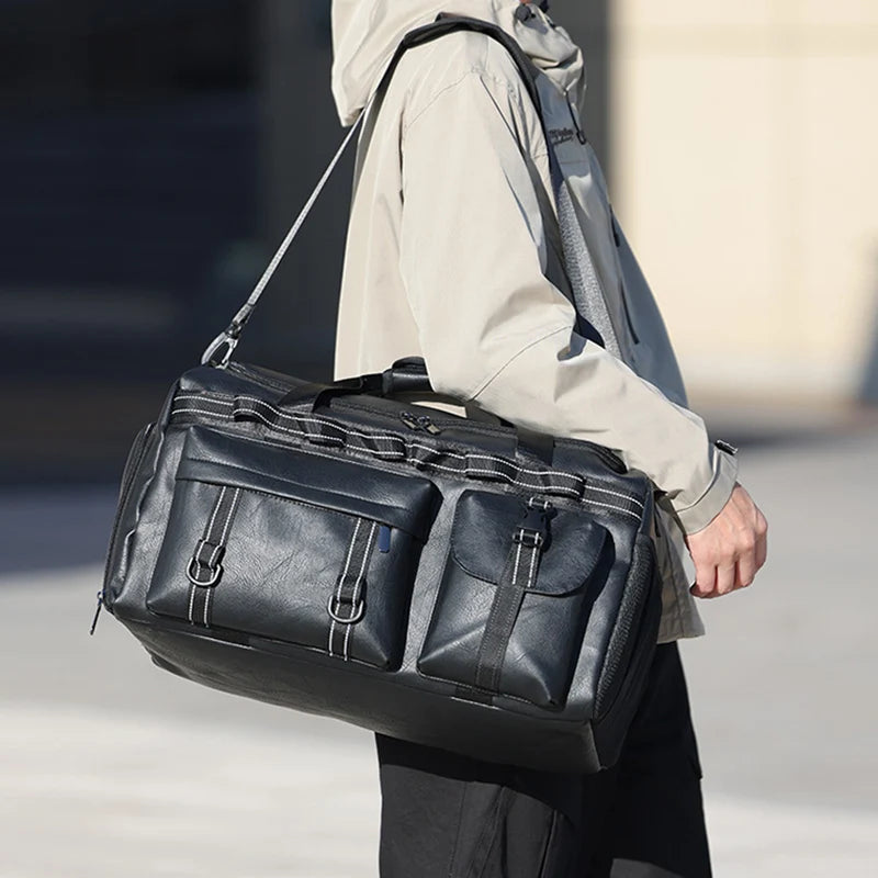 Pu sports duffel bag with wet dry separation and removable shoulder strap - product image