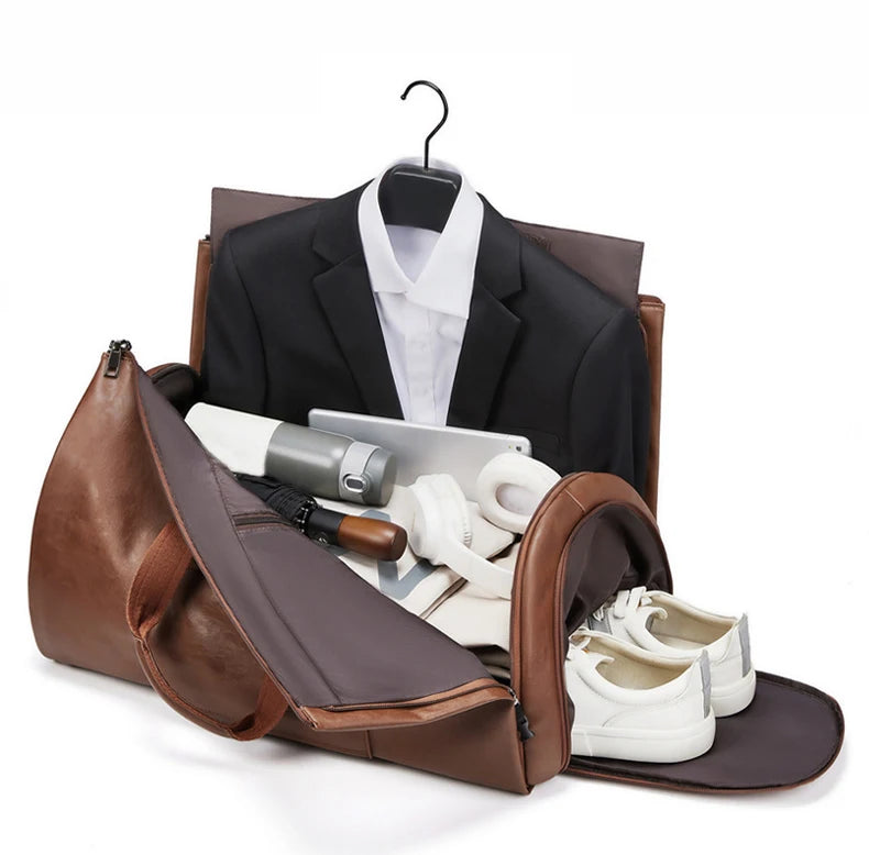 Pu waterproof large capacity sports handbag with shoe and suit compartments - product image
