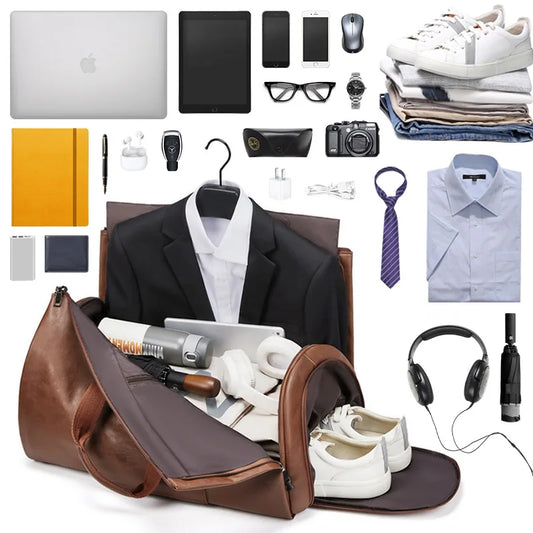 Pu waterproof large capacity sports handbag with shoe and suit compartments - product image