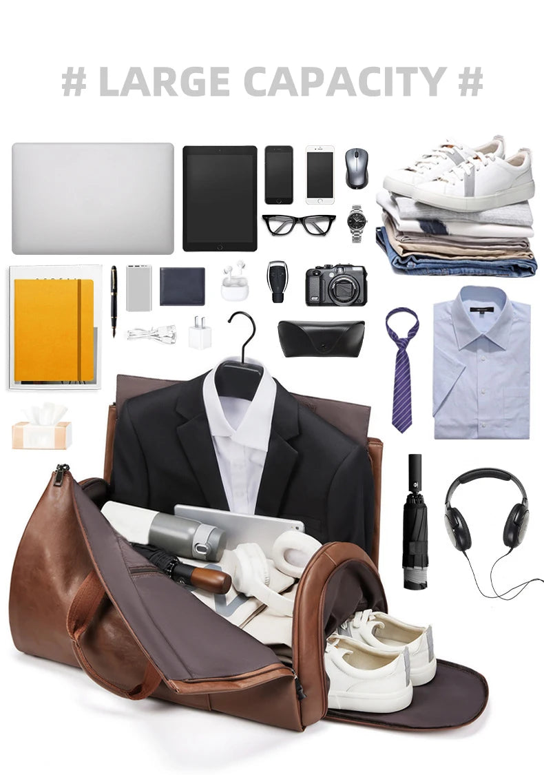 Pu waterproof large capacity sports handbag with shoe and suit compartments - product image