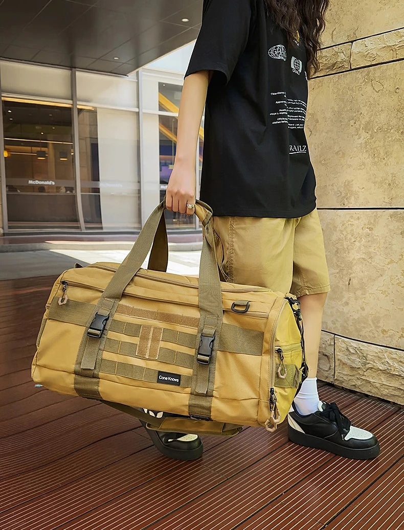 Tactical nylon gym duffel bag with shoe pocket and wet dry separation - product image