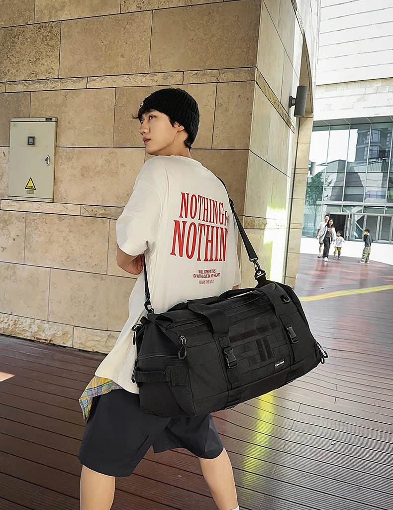 Tactical nylon gym duffel bag with shoe pocket and wet dry separation - product image