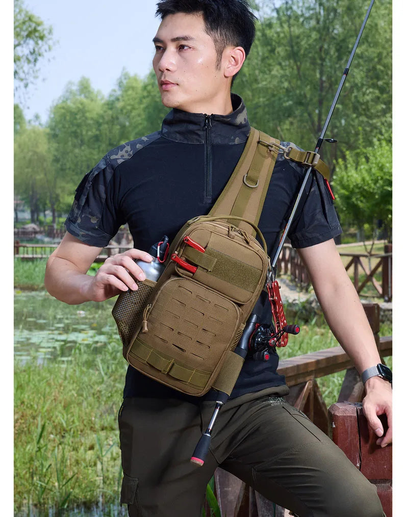 Tactical oxford chest bag large capacity molle system fishing rod holder - product image