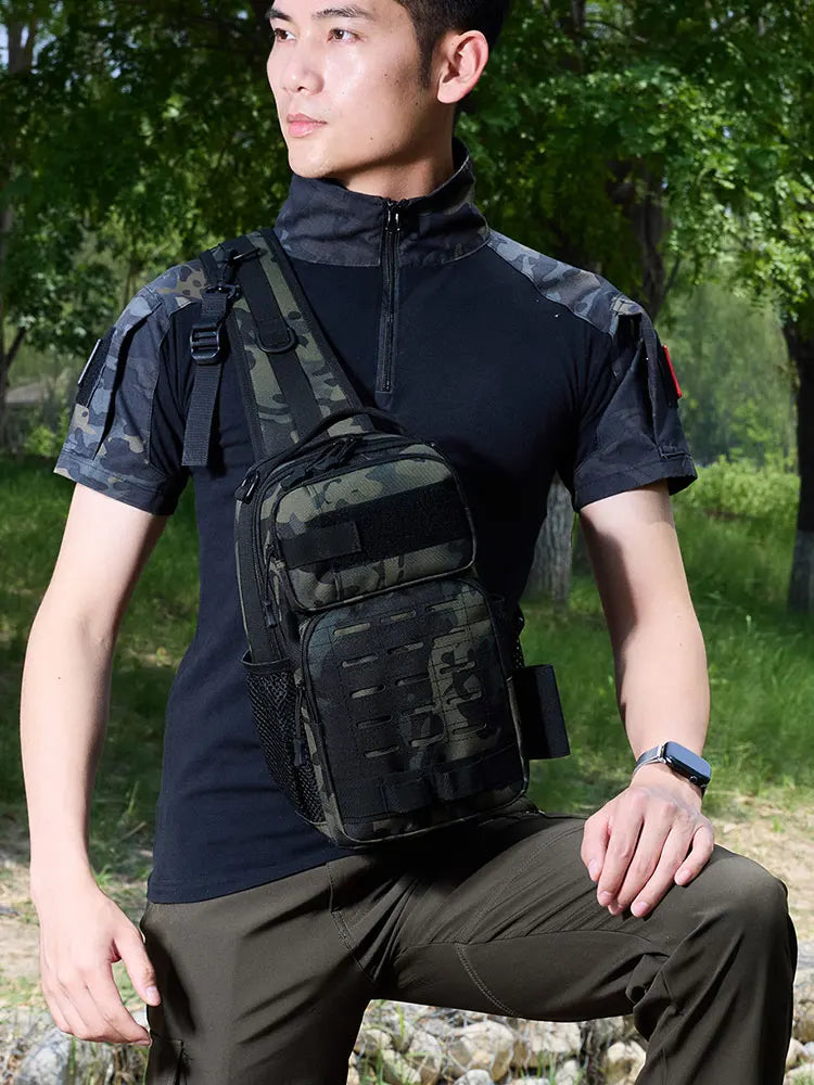 Tactical oxford chest bag large capacity molle system fishing rod holder - product image