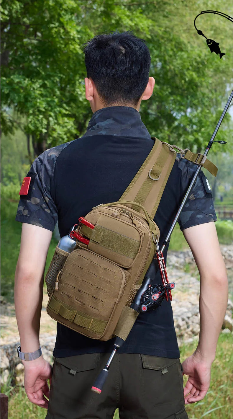 Tactical oxford chest bag large capacity molle system fishing rod holder - product image