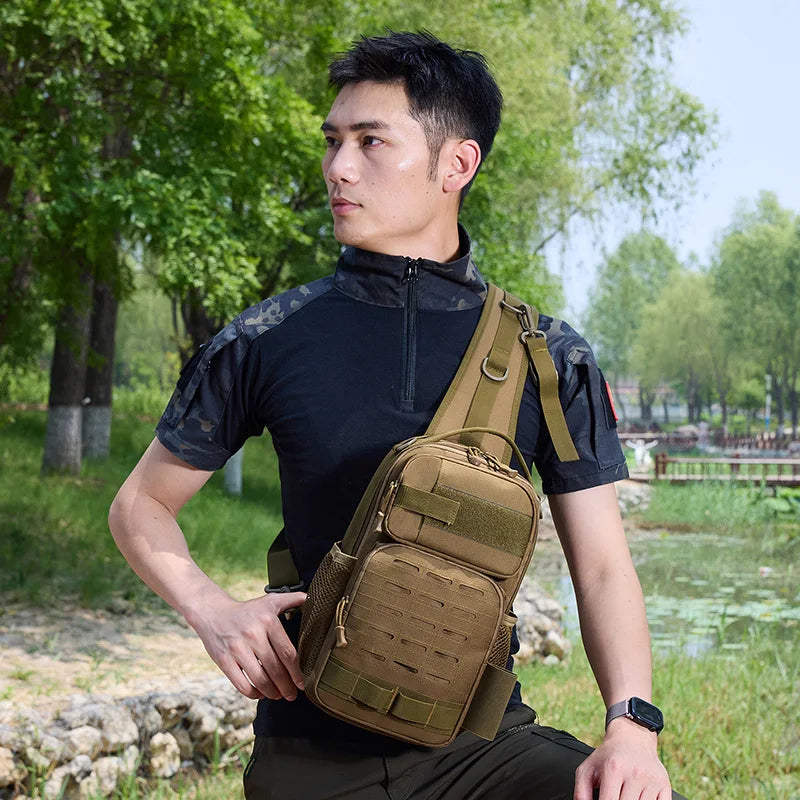 Tactical oxford chest bag large capacity molle system fishing rod holder - product image