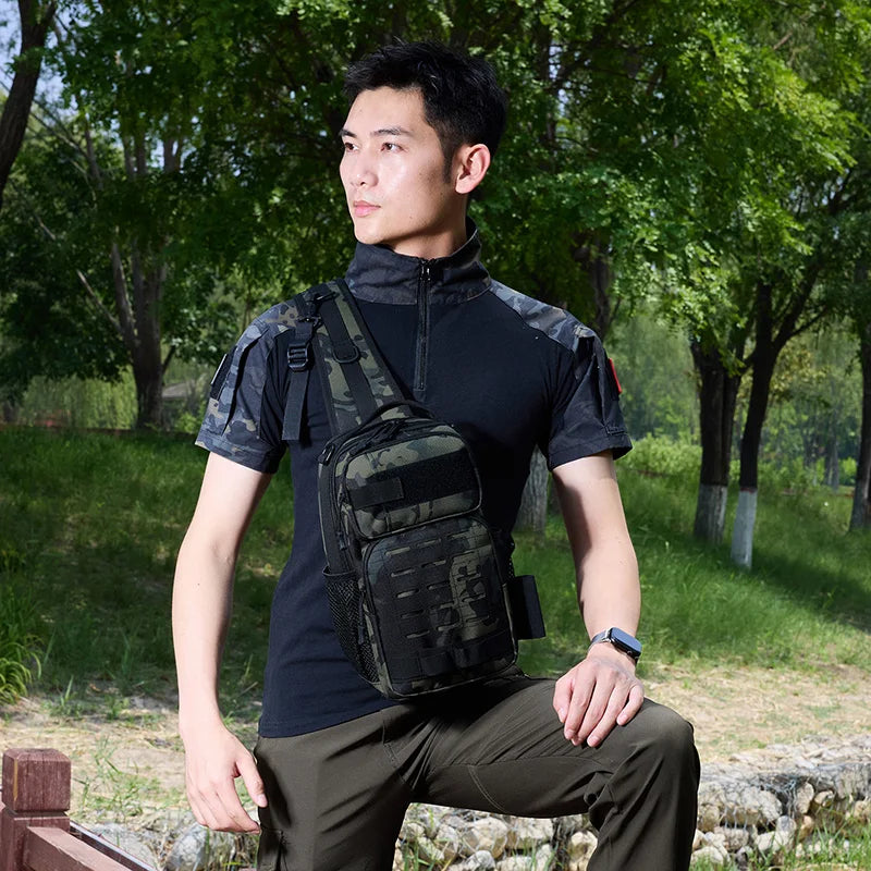 Tactical oxford chest bag large capacity molle system fishing rod holder - product image