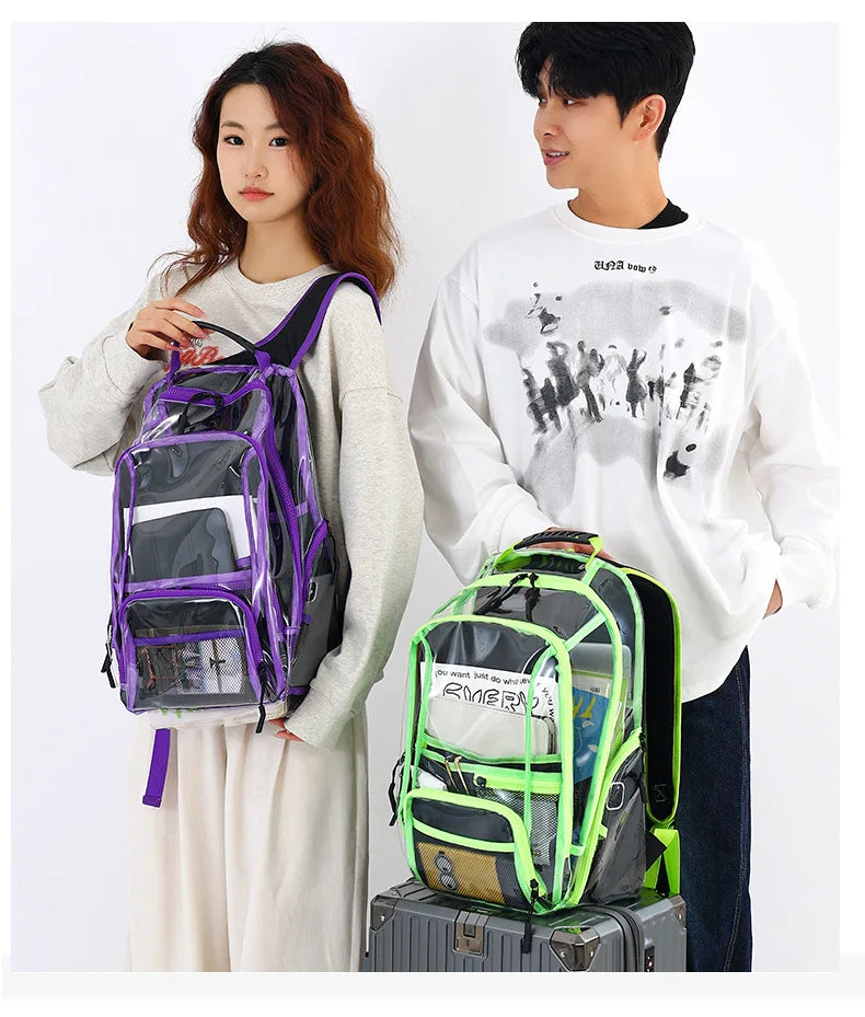 Transparent pvc backpack with multi-compartment storage and trolley sleeve - product image