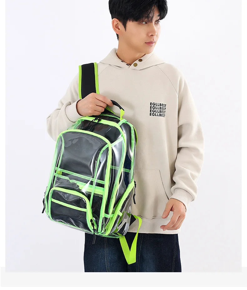 Transparent pvc backpack with multi-compartment storage and trolley sleeve - product image
