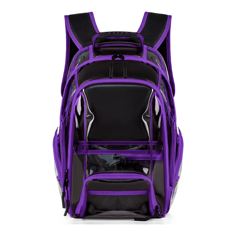 Transparent pvc backpack with multi-compartment storage and trolley sleeve - product image