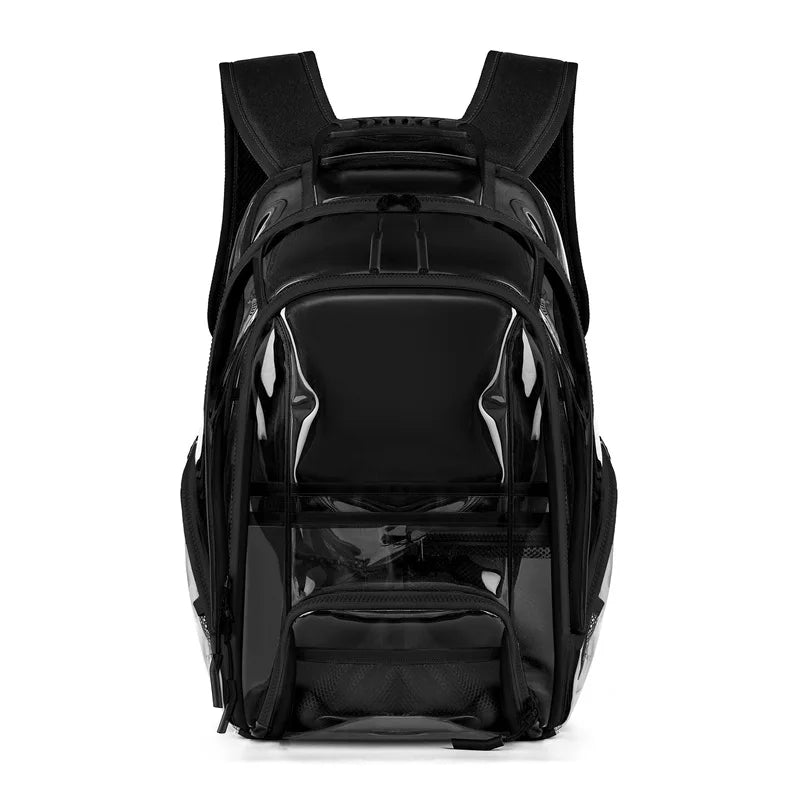 Transparent pvc backpack with multi-compartment storage and trolley sleeve - product image
