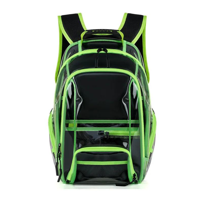 Transparent pvc backpack with multi-compartment storage and trolley sleeve - product image