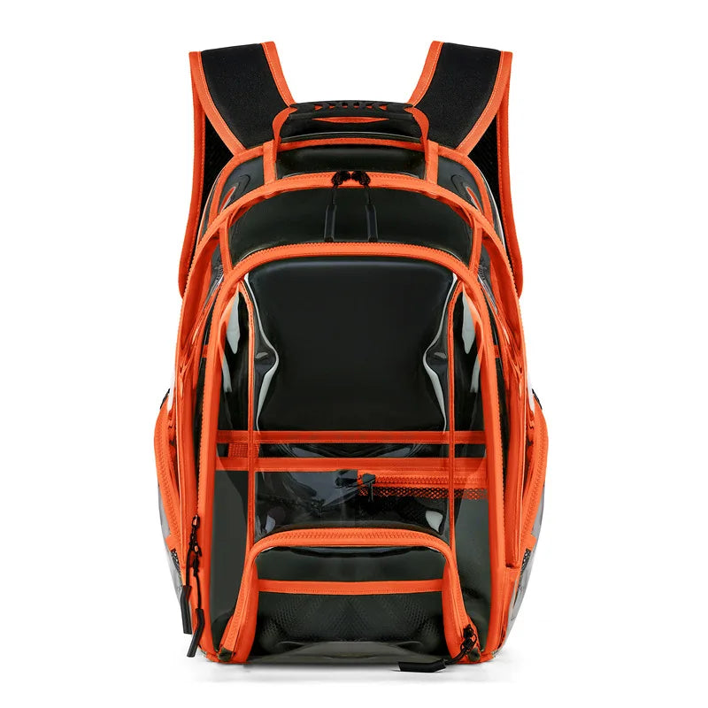 Transparent pvc backpack with multi-compartment storage and trolley sleeve - product image