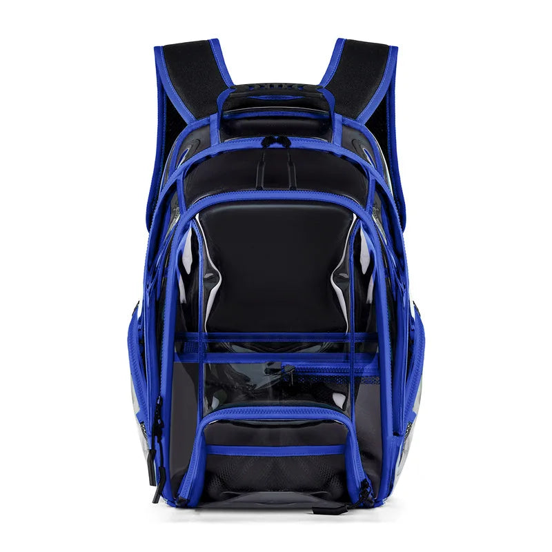 Transparent pvc backpack with multi-compartment storage and trolley sleeve - product image