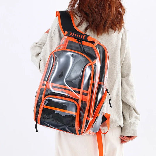 Transparent pvc backpack with multi-compartment storage and trolley sleeve - product image