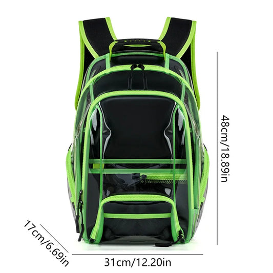 Transparent pvc backpack with multi-compartment storage and trolley sleeve - product image