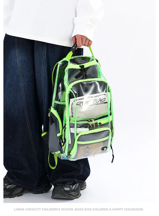 Transparent pvc backpack with multi-compartment storage and trolley sleeve - product image