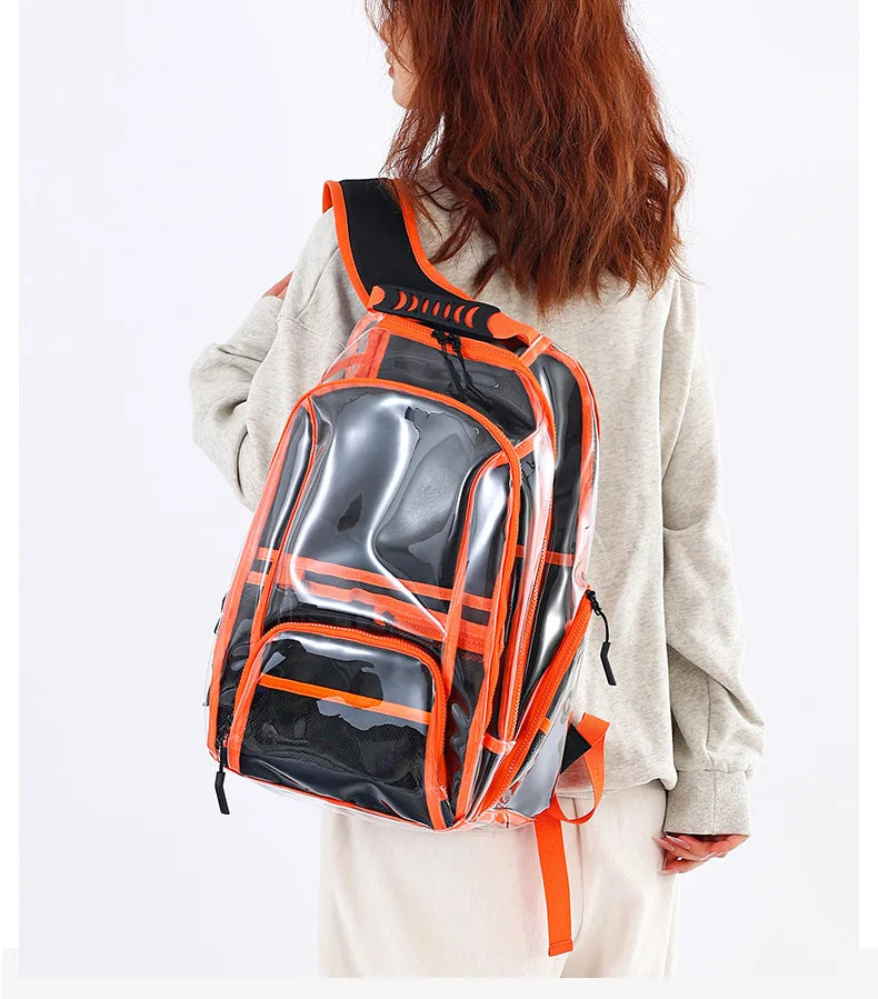 Transparent pvc backpack with multi-compartment storage and trolley sleeve - product image