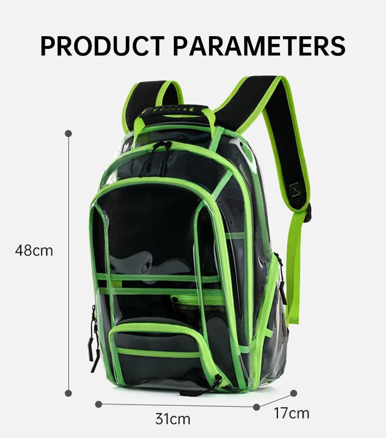 Transparent pvc backpack with multi-compartment storage and trolley sleeve - product image