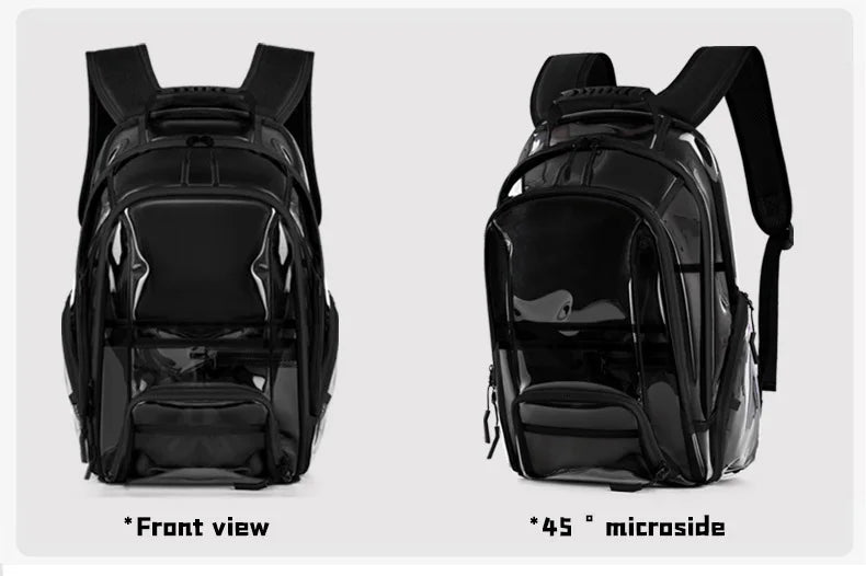 Transparent pvc backpack with multi-compartment storage and trolley sleeve - product image