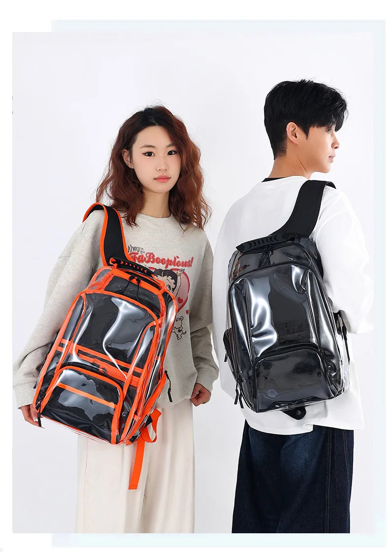 Transparent pvc backpack with multi-compartment storage and trolley sleeve - product image
