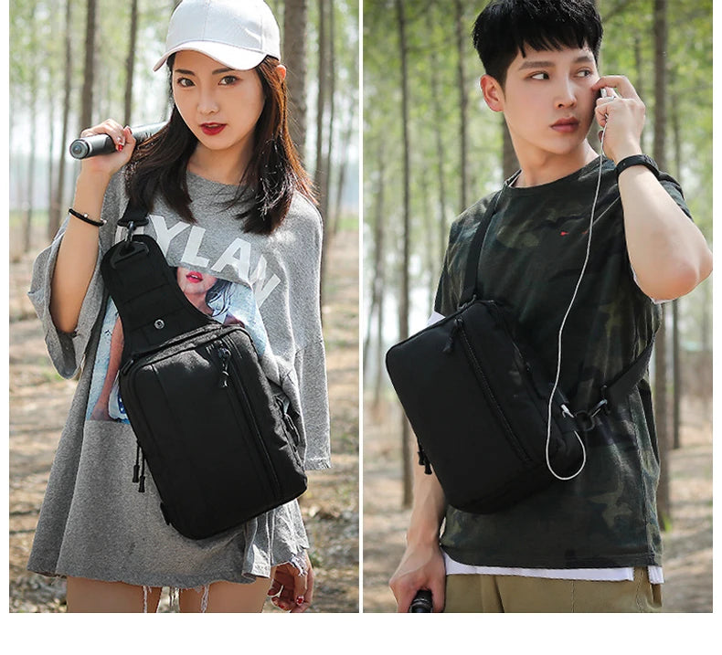 Usb charging nylon chest bag camouflage multi-compartment shoulder sling - product image