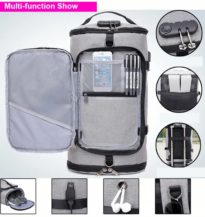 Waterproof nylon anti-theft gym backpack with usb port and shoe compartment - product image