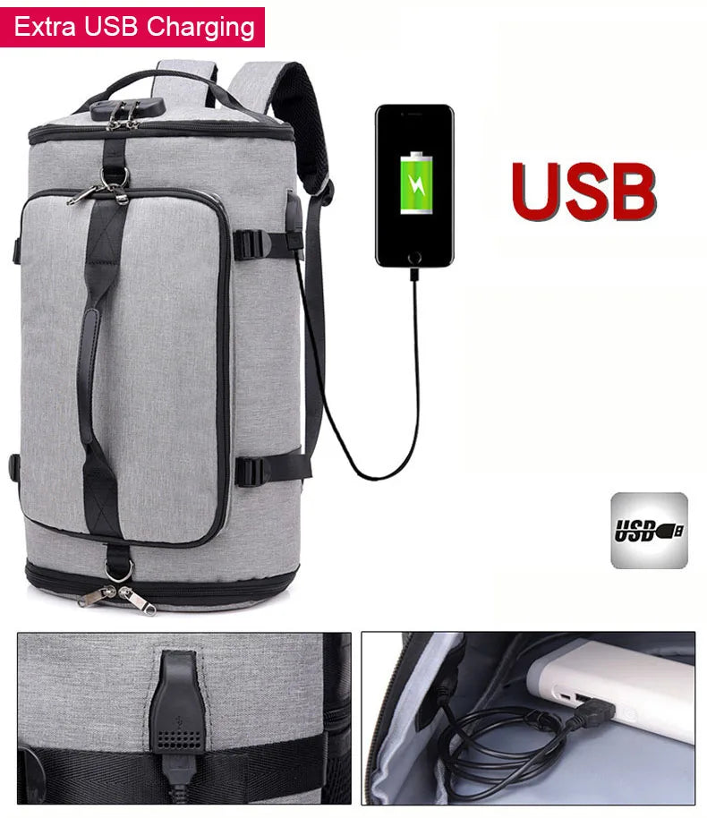 Waterproof nylon anti-theft gym backpack with usb port and shoe compartment - product image