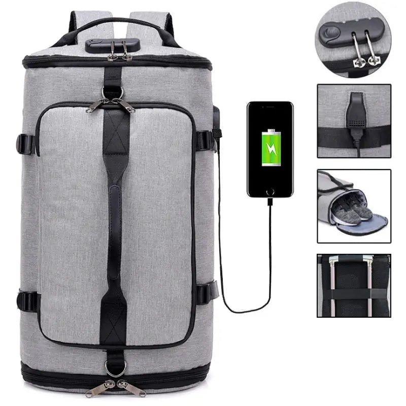 Waterproof nylon anti-theft gym backpack with usb port and shoe compartment - product image