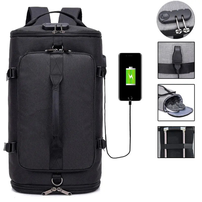 Waterproof nylon anti-theft gym backpack with usb port and shoe compartment - product image
