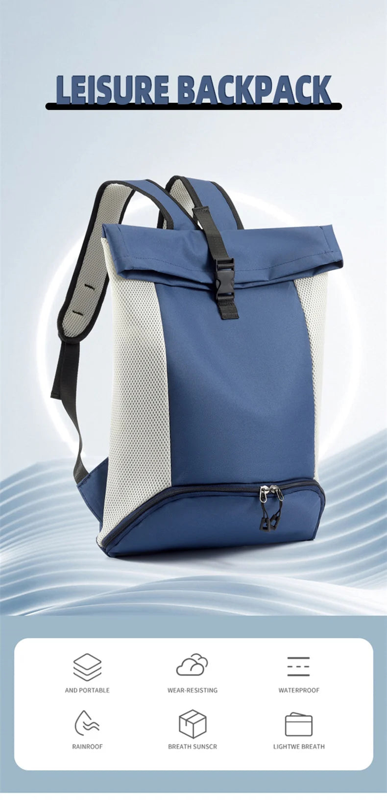 Waterproof nylon lightweight gym fitness backpack with shoes pocket and mesh straps - product image