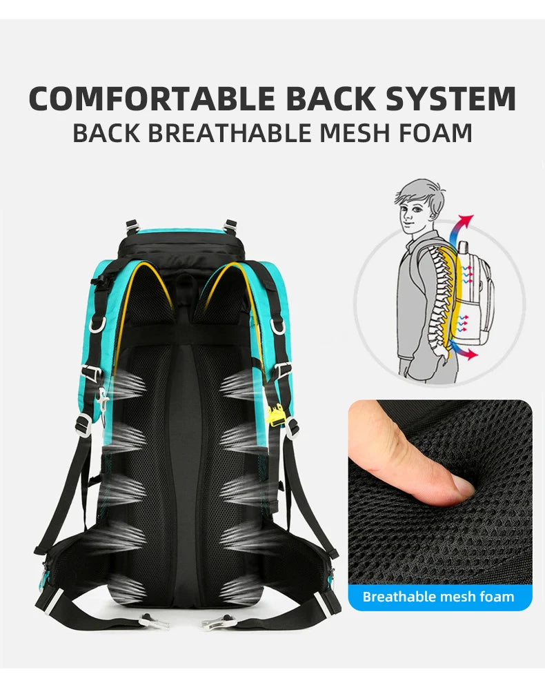 60l waterproof nylon camping hiking backpack with rain cover - product image