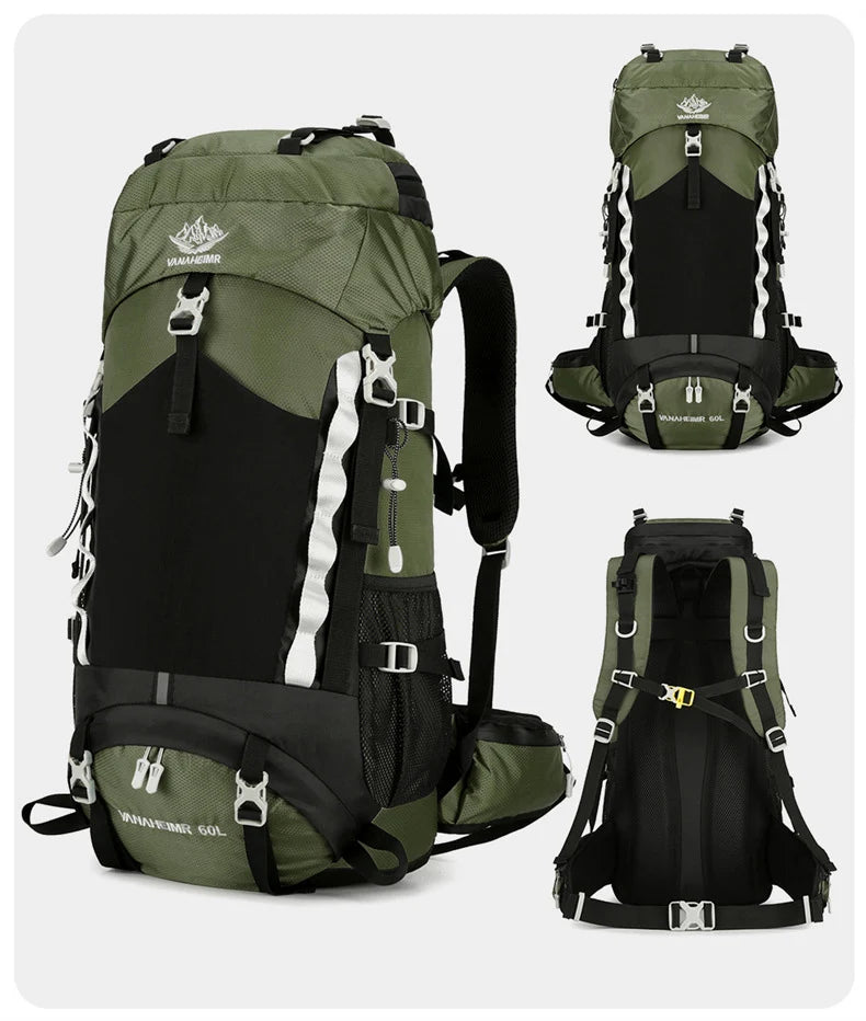 60l waterproof nylon camping hiking backpack with rain cover - product image