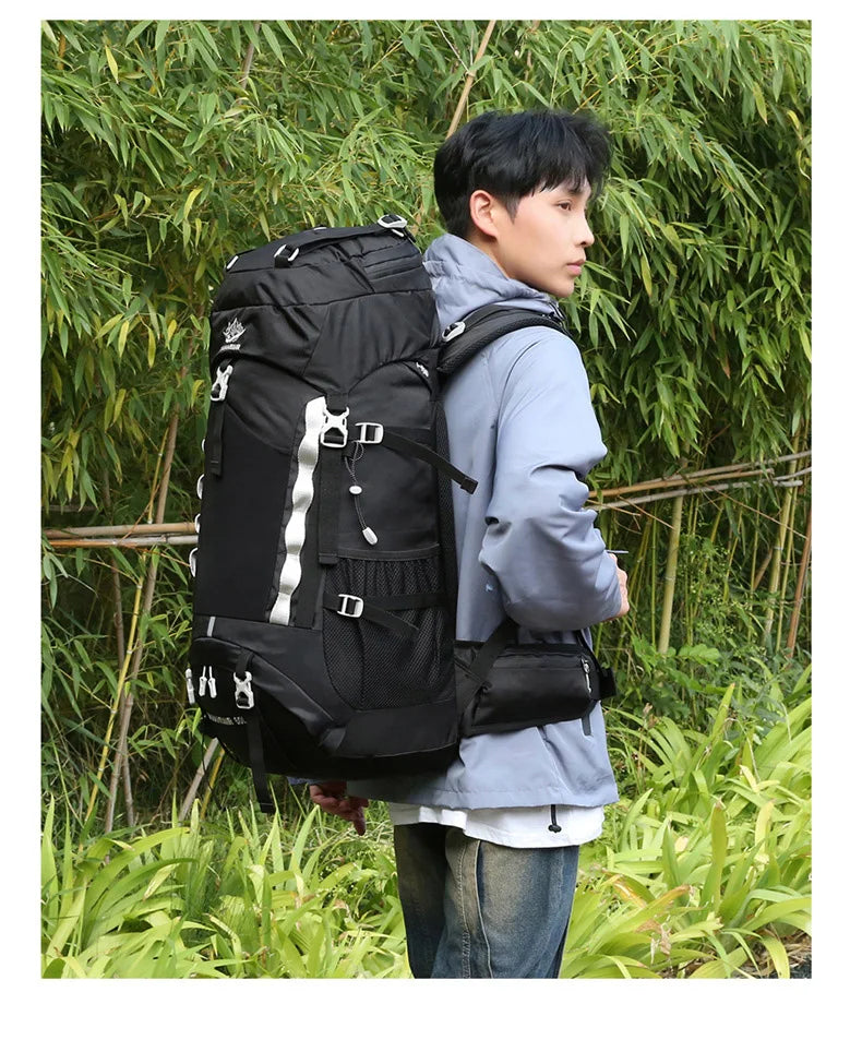 60l waterproof nylon camping hiking backpack with rain cover - product image